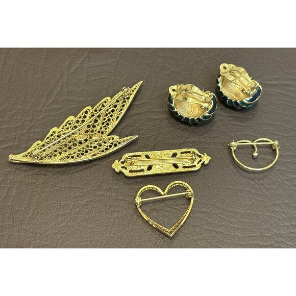 Vintage Jewelry Lot 1928 Avante Rhinestone Heart Brooch Pin Enamel Earrings - Picture 8 of 11
